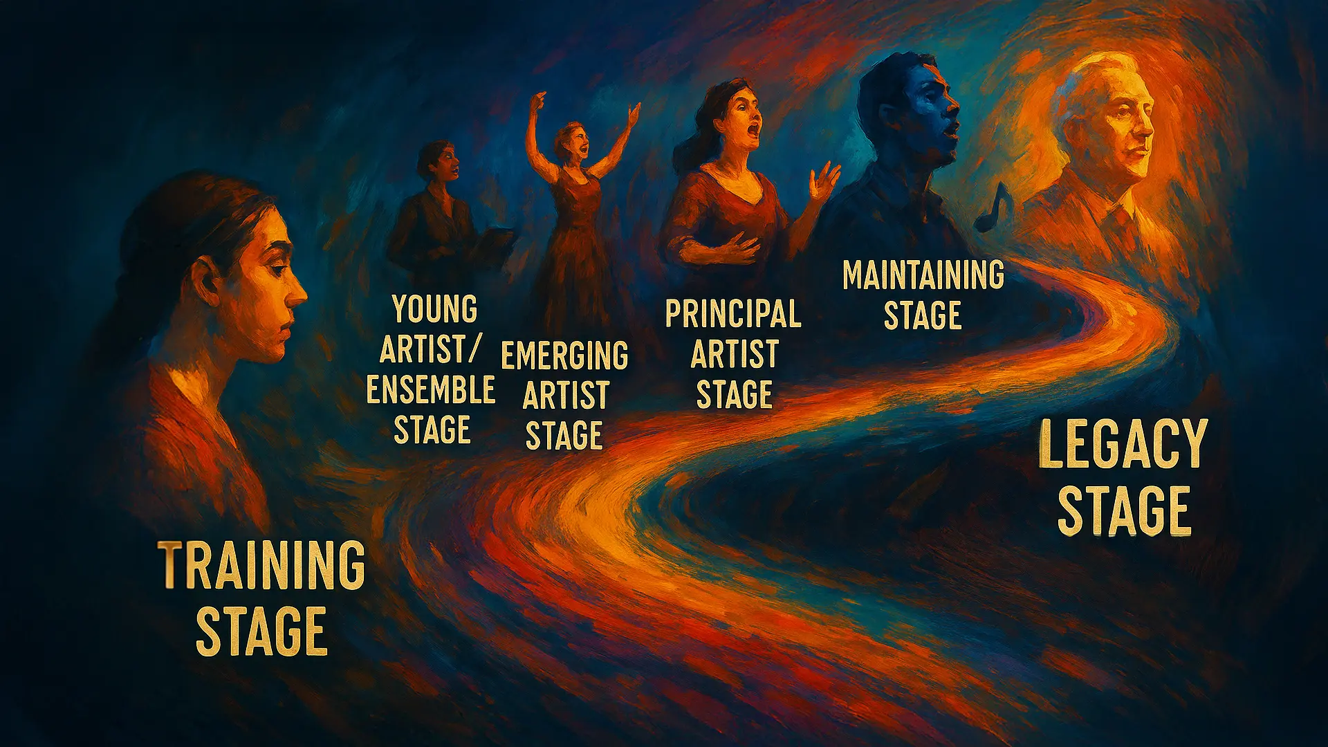 A panoramic, 16:9 digital painting of a glowing, ribbon-like path that winds from left to right through six labeled career phases. From left: a young figure practicing (“Training Stage”), a small ensemble singer under stage curtains (“Young Artist/Ensemble Stage”), a soloist reaching upward (“Emerging Artist Stage”), a star-backlit performer standing on a globe (“Principal Artist Stage”), a vocalist holding a music note icon (“Maintaining Stage”), and at far right two figures shaking hands in a warm gold glow (“Legacy Stage”). Rich blues, oranges, and yellows swirl around each scene, unifying the journey from novice to icon.