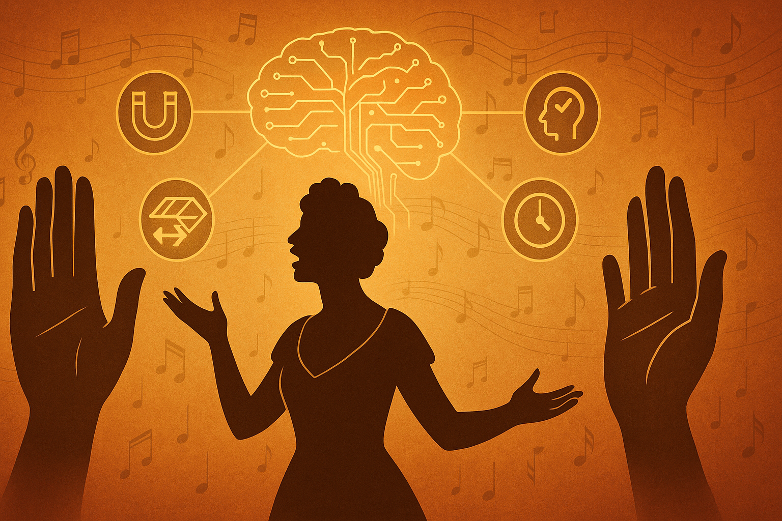 Silhouette of an opera singer against a warm orange-red background with floating musical notes. Above the singer’s head is a glowing golden brain with neural-like connections leading to icons representing motivation (magnet), decision-making (head with checkmark), growth (arrows), and time (clock). Two raised hands flank the singer on either side.