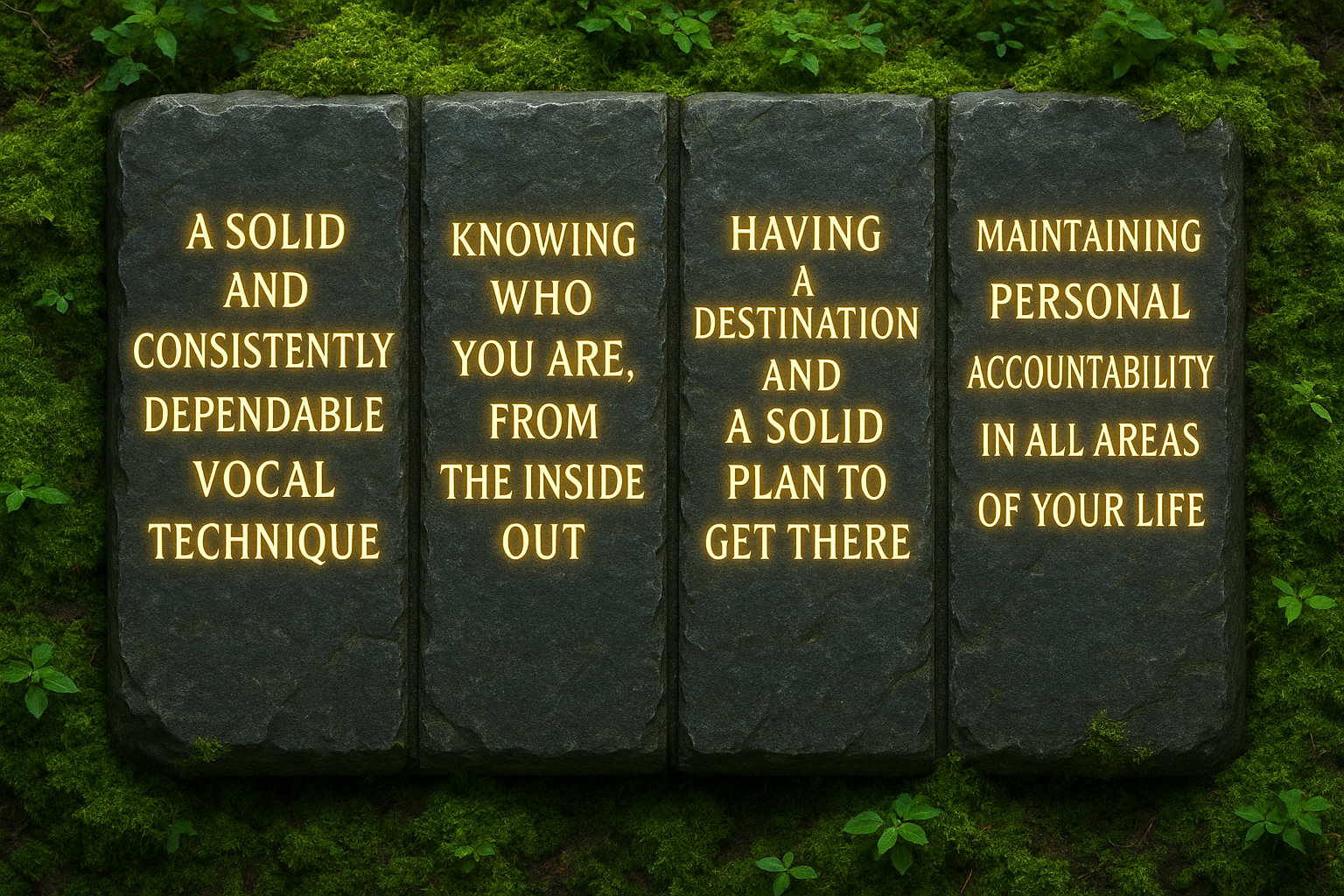 Four tall, dark stone slabs set on a mossy forest floor, each engraved with softly glowing golden text: ‘A solid and consistently dependable vocal technique,’ ‘Knowing who you are, from the inside out,’ ‘Having a destination and a solid plan to get there,’ and ‘Maintaining personal accountability in all areas of your life.’