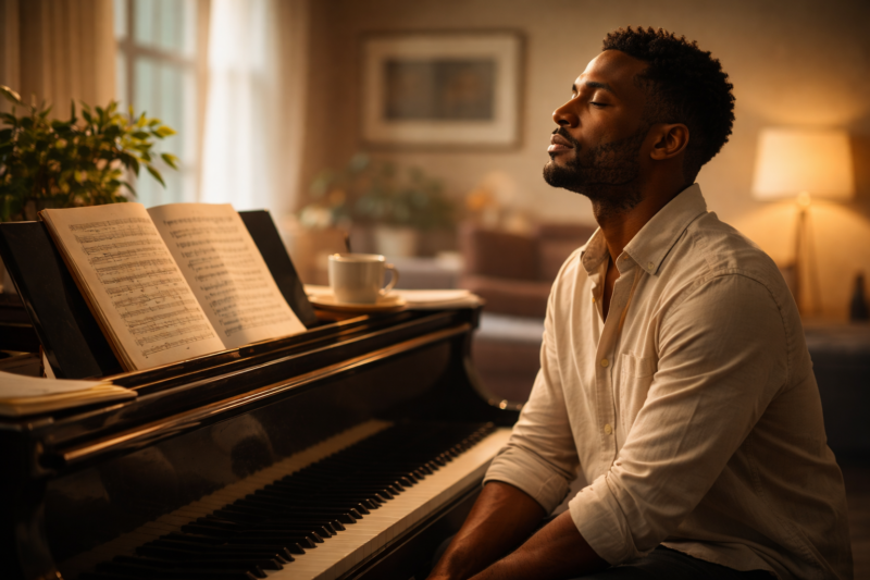 Singer sitting at a piano with eyes closed, pausing in thought as sunlight fills a calm rehearsal studio and an open opera score sits on the music stand.