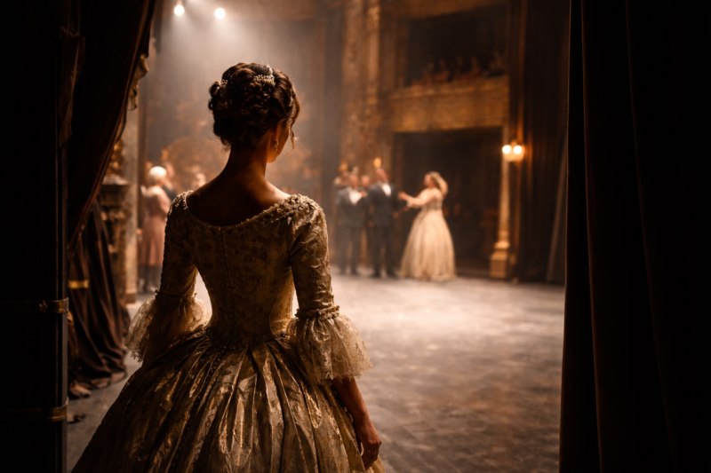Backstage view of a soprano in an ornate 18th-century gold gown standing in the shadows of the stage wings, seen from behind as she watches other performers mid-scene under warm stage lights in a grand opera house.