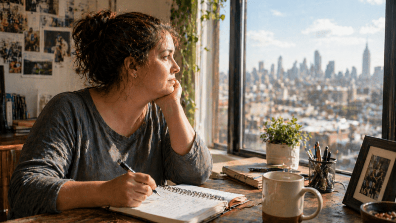 AI-generated image of a woman with an average build sitting at a sunlit desk by a large window, holding a pen over an open notebook while gazing thoughtfully at a bright city skyline, surrounded by personal items like books, a plant, and a coffee mug.
