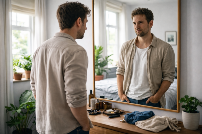 A casually dressed man stands in a bright, modern bedroom, looking directly into his own eyes in a mirror with a calm, reflective expression. Soft natural light fills the space, with plants and personal items on the dresser adding warmth and a sense of everyday authenticity.