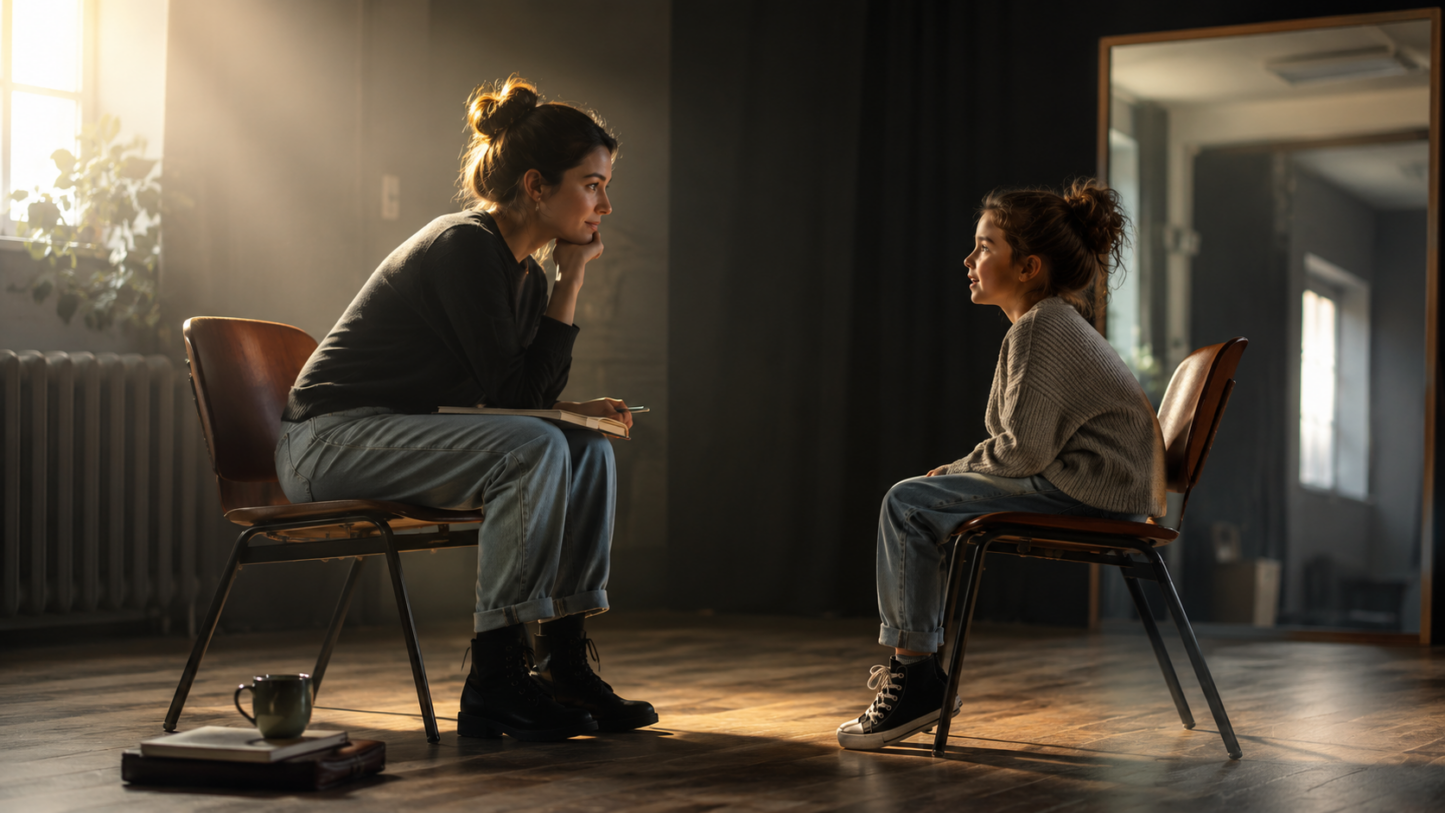 An adult woman and a young girl sit facing each other in a quiet, sunlit rehearsal room, representing an honest dialogue with the inner child.