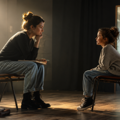 An adult woman and a young girl sit facing each other in a quiet, sunlit rehearsal room, representing an honest dialogue with the inner child.