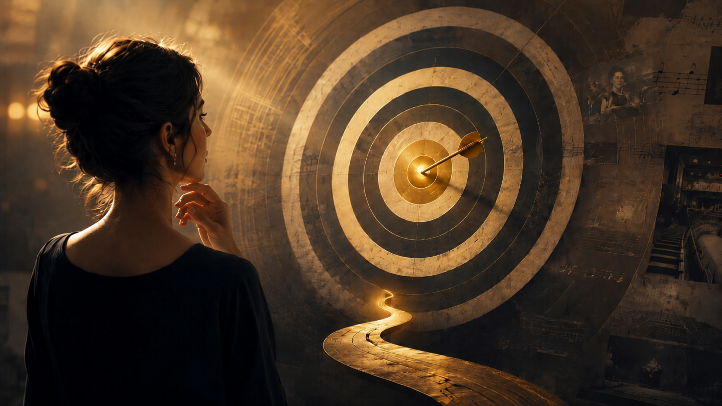 A young singer contemplates a glowing bull&rsquo;s-eye target, with a golden path leading toward it and subtle music imagery in the background.