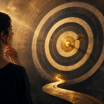 A young singer contemplates a glowing bull&rsquo;s-eye target, with a golden path leading toward it and subtle music imagery in the background.