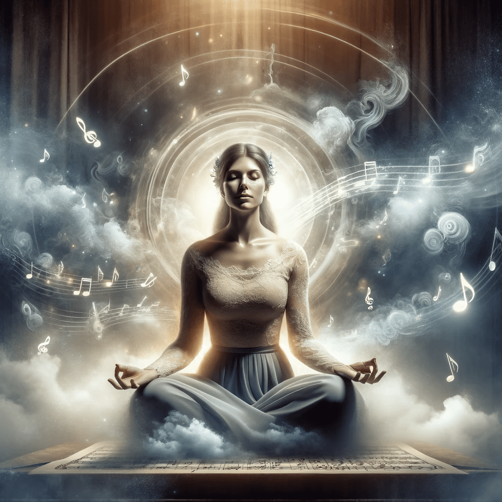 A figure representing a classical singer, a woman in her late twenties, with a serene expression, eyes closed, seated in a traditional posture of meditation. Surround her with soft, ethereal light to symbolize enlightenment and artistic awakening.