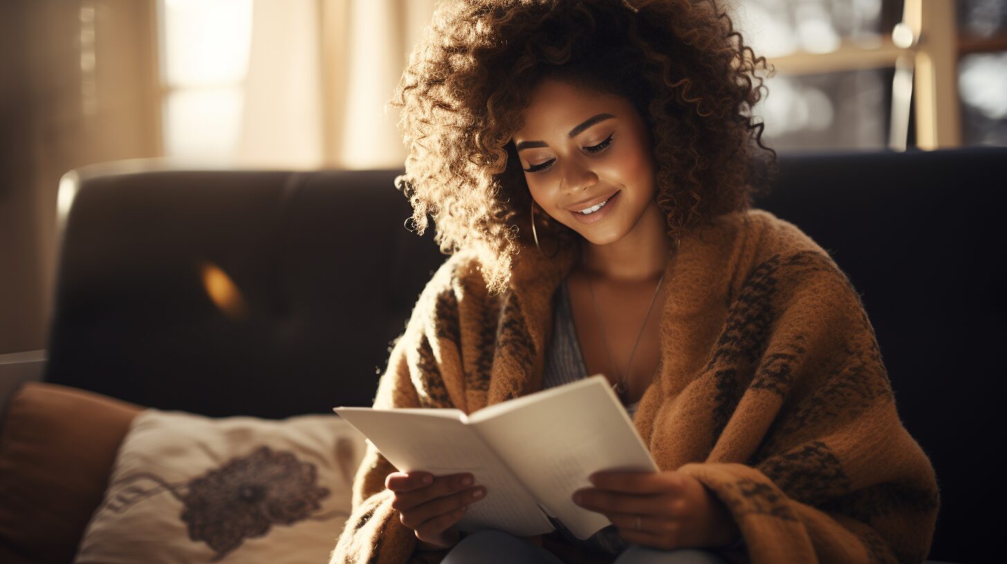 A young black woman writing in a journal or notebook while sitting on a cozy sofa. She is smiling while looking down at what she is writing and feeling happy, motivated, and surrounded by thoughts of brilliant ideas.