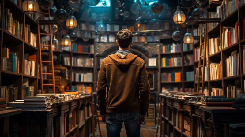 A man stands alone in an inspiring library full of books and floor-to-ceiling shelves with ladders to use to reach them. Several whimsical lanterns hang from the ceiling.