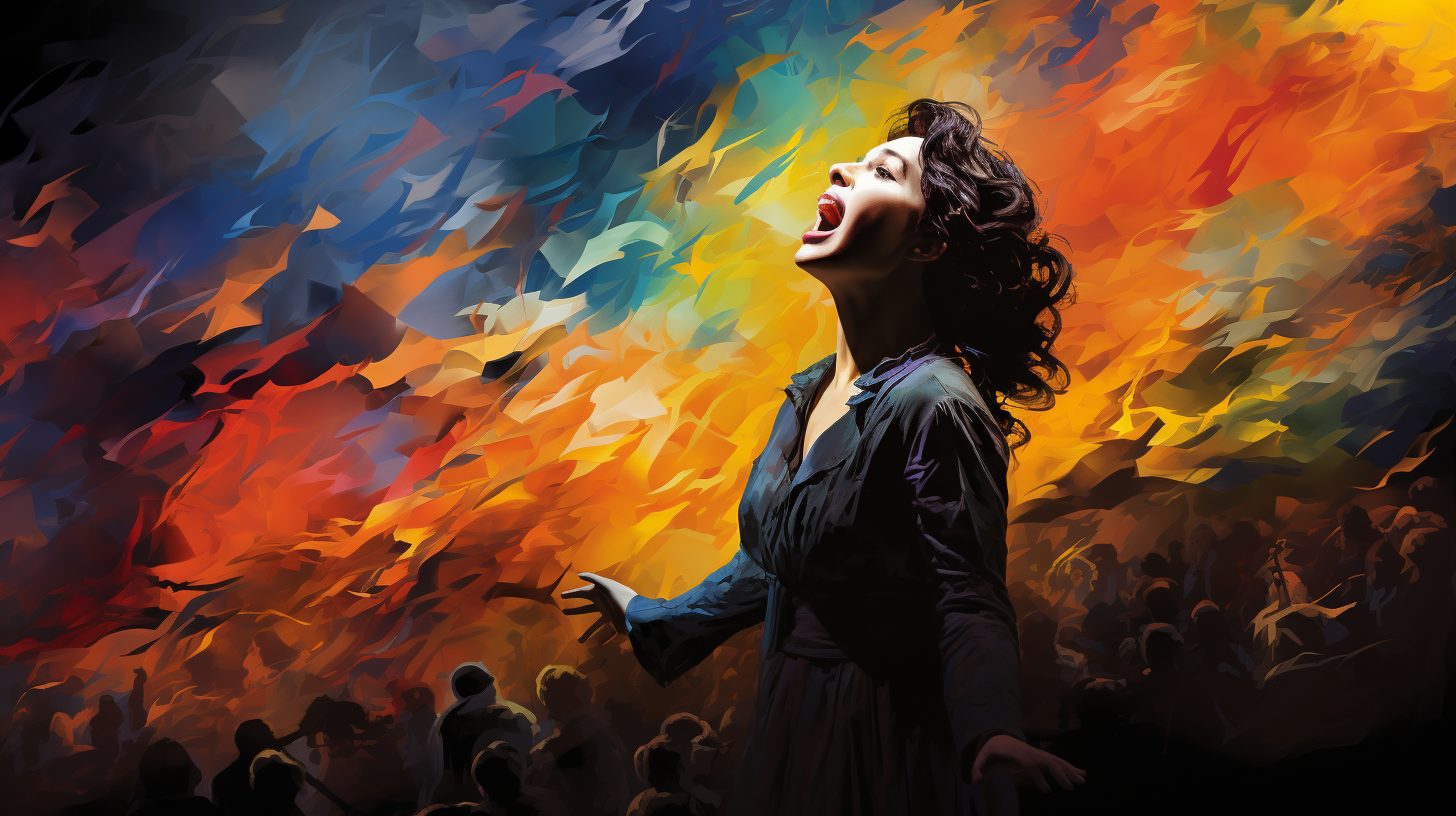 A passionate opera singer on stage, lost in the emotions of the character they are portraying. The background shifts and melds with various abstract colors and shapes symbolizing different emotions – joy, horror, fear, excitement. The audience in the shadows is visibly moved, leaning forward, completely caught up in the performance. Light beams from the singer's mouth as they hit a high note, illustrating the powerful connection between the voice, the words, and the emotions. The image captures a singular, intense moment where everything comes together, revealing the essence of the character and the soul of the performer.
