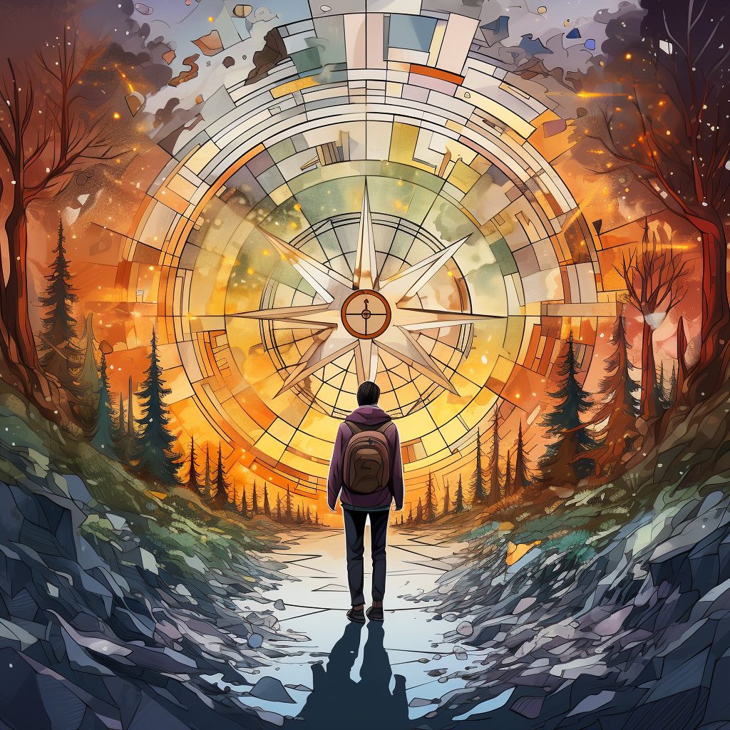 A person standing at a crossroads, holding a compass in hand, eyes filled with determination. On one path, there are visual symbols of goals, excitement, and personal growth; on the other, shadows of doubt and frustration. Scattered along the paths are pieces of paper, representing different plans, choices, and potential setbacks. In the sky above, a subtle clock represents time, and in the distance, a shining light signifies the ultimate goal or destination. The overall theme is one of personal journey, choices, and resilience. In the style of graphic novel artwork.