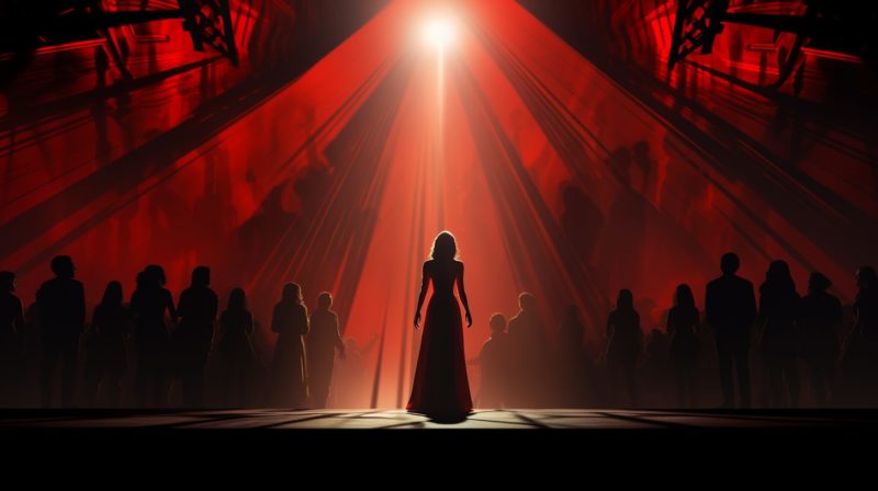 A soprano standing under the spotlight on a grand opera stage. She looks a little afraid. Behind her, the shadows of the orchestra hint at a larger ensemble. Emotions such as happiness, sadness, and fear are subtly depicted in the shifting colors and patterns in the background, reflecting the mood of the music. An artistic representation of stage fright in the style of graphic novel artwork.