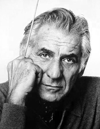 Leonard Bernstein's headshot, black and white photo, close up.
